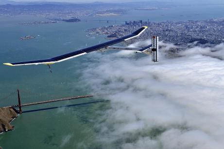 Solar plane over Golden Gate bridge