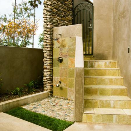 rugged stone outdoor shower design