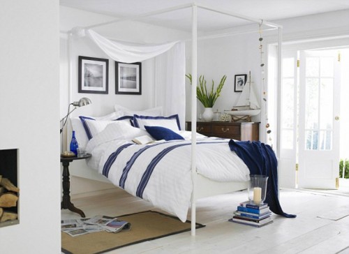 Coastal blue and white bedroom