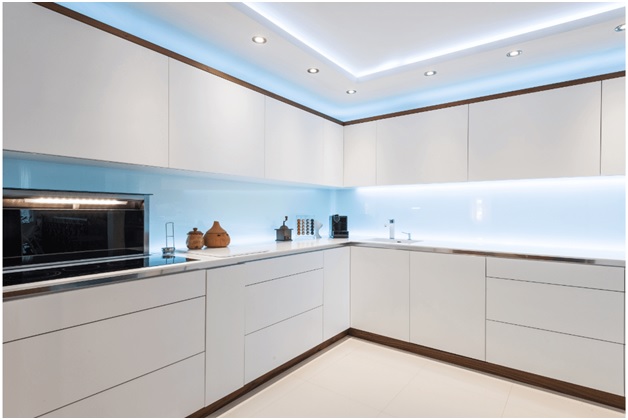 modern kitchen with lighting package ceiling microwave white